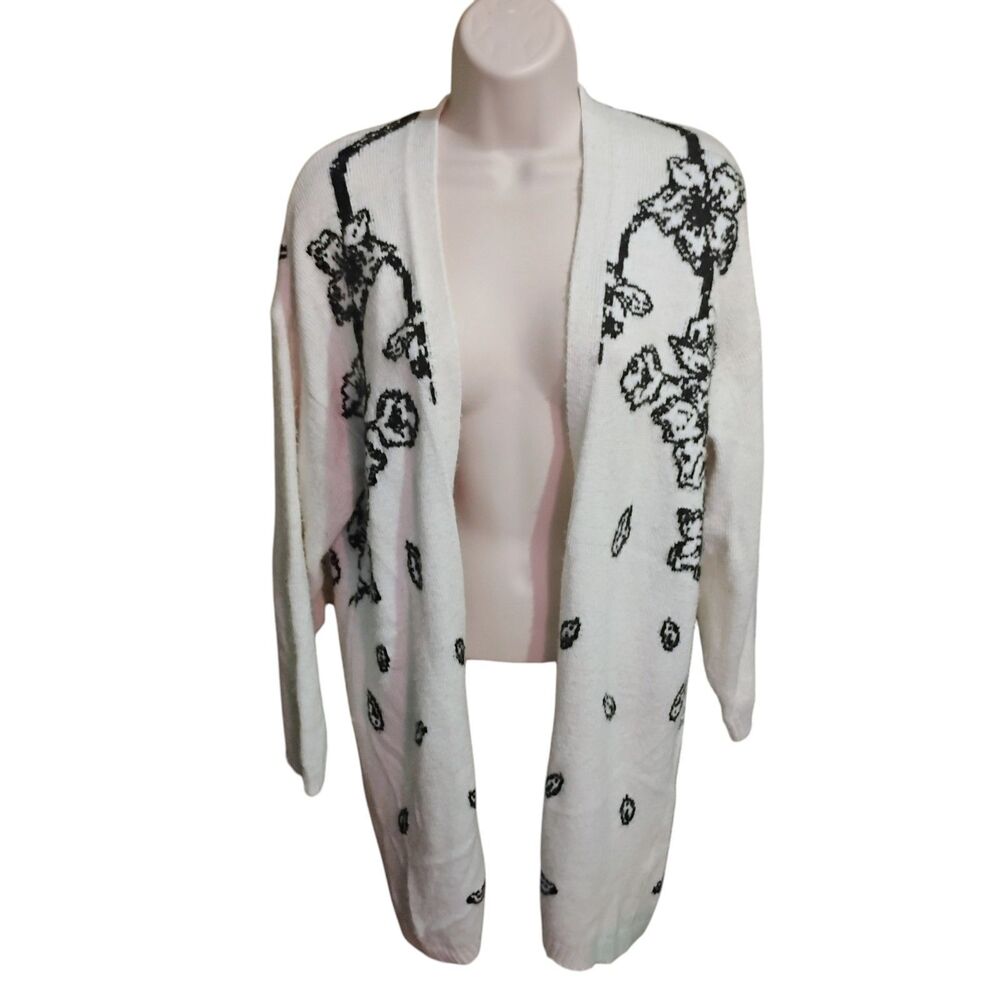 Anthropologie Nadia Floral Cardigan Small S Cream Black Open Front Duster Knit
